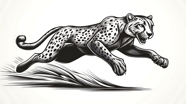 recommend clip art: Simple outline of a cheetah running at full speed, minimalist line art on a pure white backdrop, fine lines emphasizing the cheetah's powerful strides and sleek form, hd quality, soft strokes,