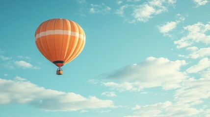 Naklejka premium Orange hot air balloon soaring in cloudy blue sky