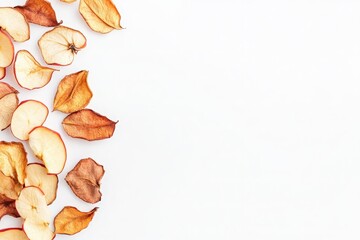 The display features an assortment of dehydrated apple slices laid out neatly on a spotless white background, highlighting their varied shapes, colors, and textures, perfect for healthy snacking.