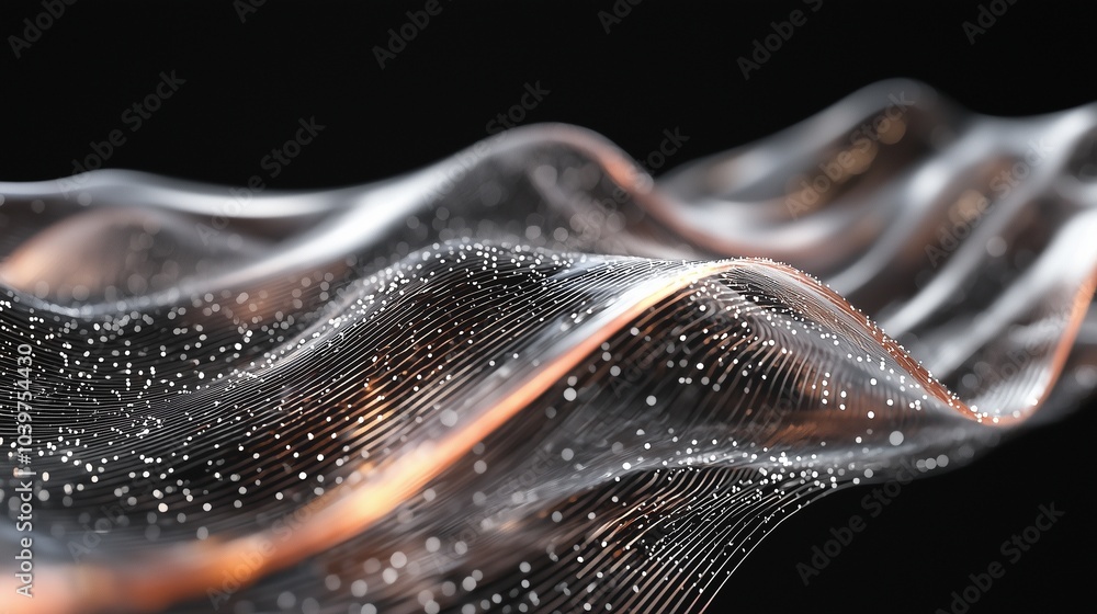 Poster flowing mesh with particles symbolizes advanced material innovation and nanotechnology.