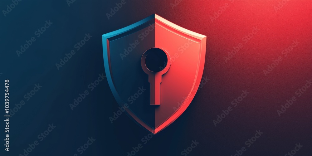 Poster minimalistic shield in red and blue tones with a keyhole in the center, symbolizing cybersecurity de