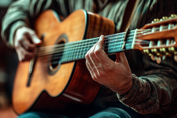 Musician playing acoustic guitar indoors during a warm evening session