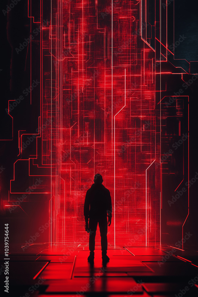 Poster simplified hacker figure standing in front of a giant firewall made of red and black lines.