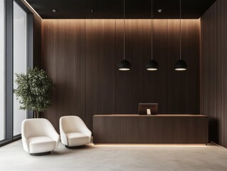 Dark chocolate walls, white seating, and light wood accents in a minimalist waiting room, offering a sleek and inviting design
