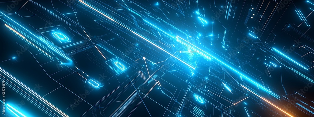 Poster Abstract digital background with blue glowing lines and data.