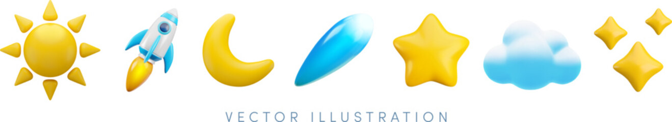 Vector cartoon 3d cosmic icon set. Realistic render of sun, rocket, comet, crescent, stars and sky cloud on white background. Cute plastic space element collection for game, sticker kit, nursery decor