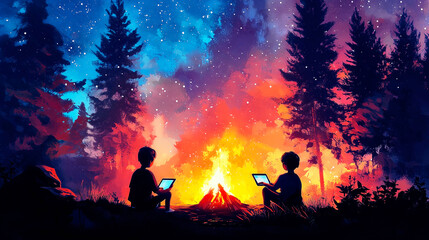 Fototapeta premium Children using mobile internet on camping trip under the stars