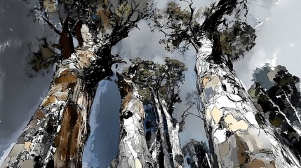 Abstract Tree Trunks in Forest  Watercolor Art  Nature  Landscape