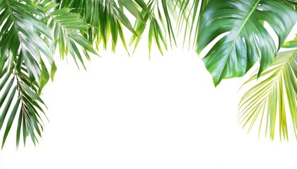 Fototapeta premium A palm tree leaf isolated on a clean white backdrop, creating a natural frame with plenty of space for messages or creative content