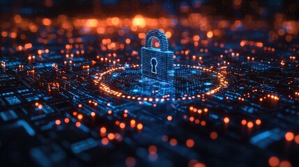 Obraz premium Abstract background with a blue padlock and binary code on a digital screen, representing the concept of cyber security. be used for web design or a social media banner. 