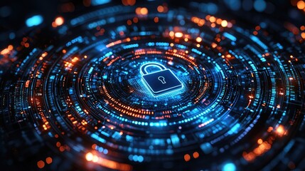 Obraz premium Abstract background with a blue padlock and binary code on a digital screen, representing the concept of cyber security. be used for web design or a social media banner. 