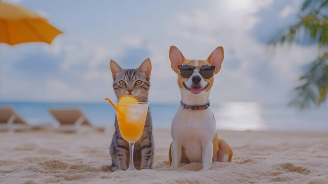 Cool cat and dog enjoying a sunny day on the beach, with a refreshing tropical drink. The dog sports sunglasses, adding a fun, vacation vibe. Perfect for themes of summer and relaxation.