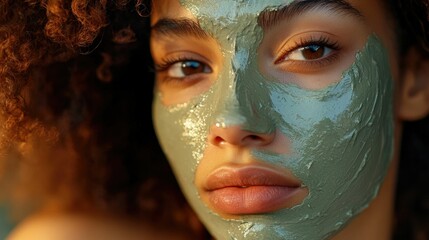 Close up portrait of a model applying a nourishing green clay face mask with soft natural lighting and a warm neutral background creating a serene and relaxing spa like atmosphere