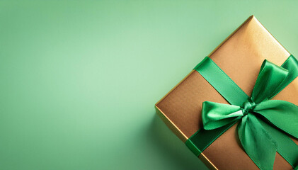 Top view photo of brown gold giftbox with green ribbon bow on isolated green background with empty space, Space for wishes. Holiday card. Top view.