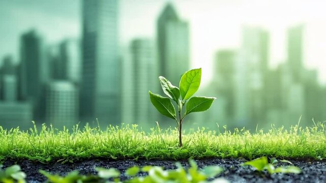 A small green plant is growing in a city park. The park is surrounded by tall buildings, ESG Environmental, social, and governance, carbon reduction net zero and climate change