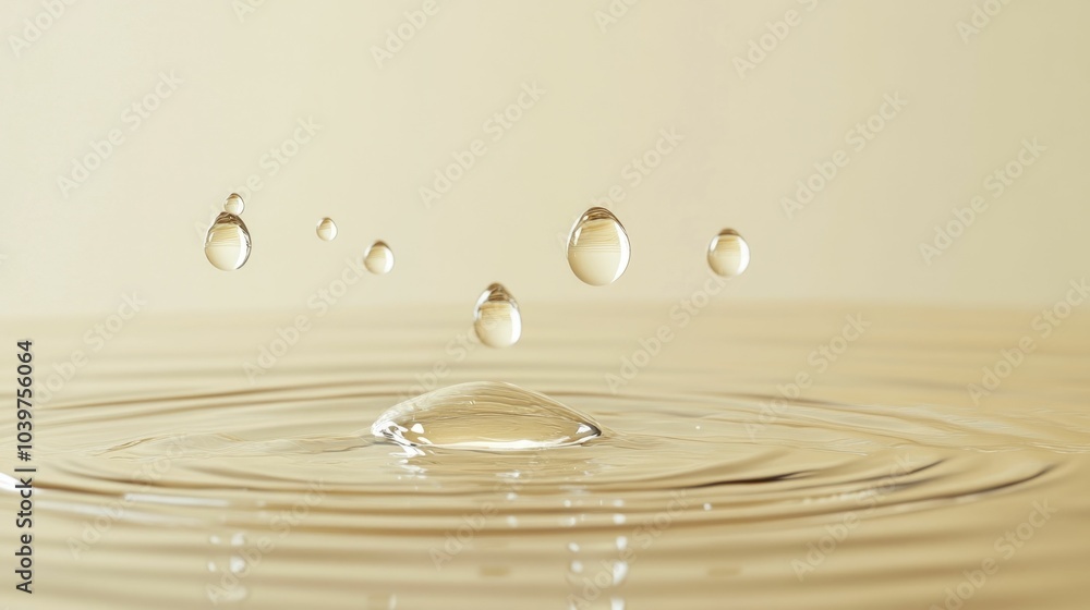 Poster a minimalist and serene image showcasing floating oil droplets gently resting on the surface of beig