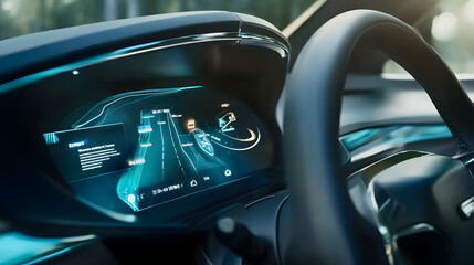 Close-up of a car's digital dashboard showing a high-tech navigation interface on a curved display, highlighting advanced vehicle technology.