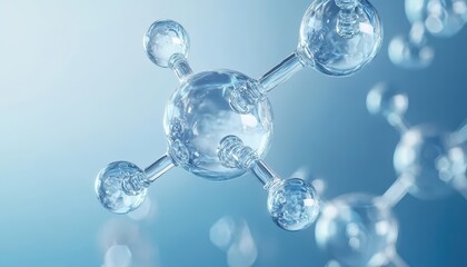 Abstract glass molecules floating in blue fluid background with selective focus - environment, water or clean energy concept