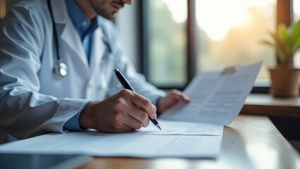 Fototapeta premium Doctor in Uniform Sitting at Desk and Writing in Patient's Medical Records