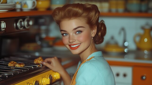 Retro Pinup Woman Smiling While Putting Something in the Oven, Wearing Classic Pinup Outfit in a Colorized Vintage Scene with Neoplasticism Art Influence and Nostalgic Vibes - Powered by Adobe