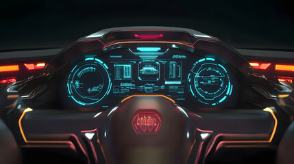 close-up view of a high-tech car dashboard featuring glowing digital gauges and controls, showcasing futuristic automotive design in a dark setting