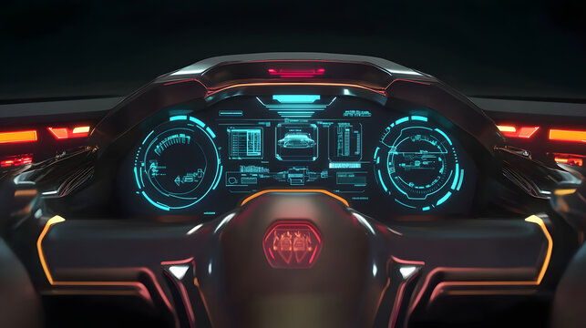 close-up view of a high-tech car dashboard featuring glowing digital gauges and controls, showcasing futuristic automotive design in a dark setting