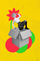 Vertical photo collage of headless schoolgirl peek cardboard box delivery parcel flower september...