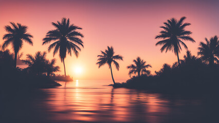 Summer background, tranquil sunset over calm waters with silhouetted palm trees along a tropical shoreline