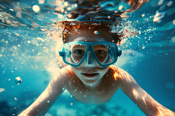 Naklejka premium Child with goggles swims through clear water. Kid diving and exploring underwater