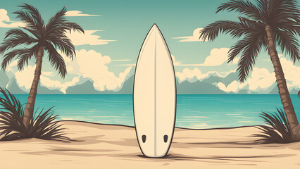 The surfboard is positioned on the beach, framed by palm trees and a clear blue sky.