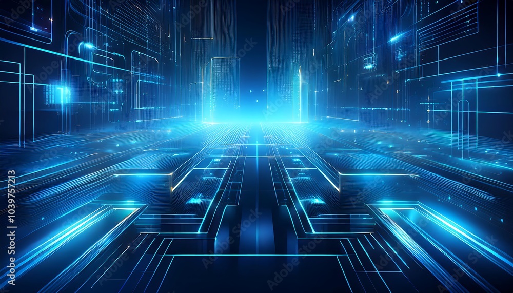 Poster abstract digital background with glowing lines and futuristic cityscape.