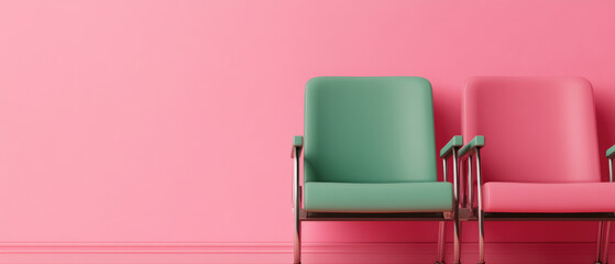 Pink waiting room, three-dimensional render, row of empty chairs, inviting design, modern aesthetics, serene atmosphere, spacious layout