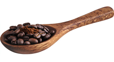 Fototapeta premium A wooden spoon filled with dark roasted coffee beans and ground coffee.