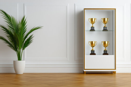 Elegant display room featuring glass cases, gleaming gold trophy cases, showcasing prestigious awards and achievements in a sophisticated setting.