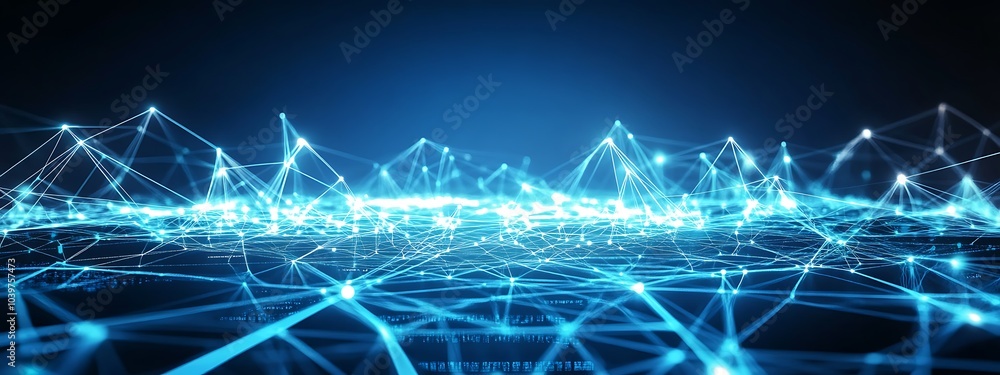 Poster abstract digital network with blue glowing lines and points on dark background.