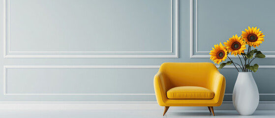 Sunflowers in a Chic Living Room, A vibrant arrangement of sunflowers on a table, complemented by a yellow sofa and armchair in a stylish interior.