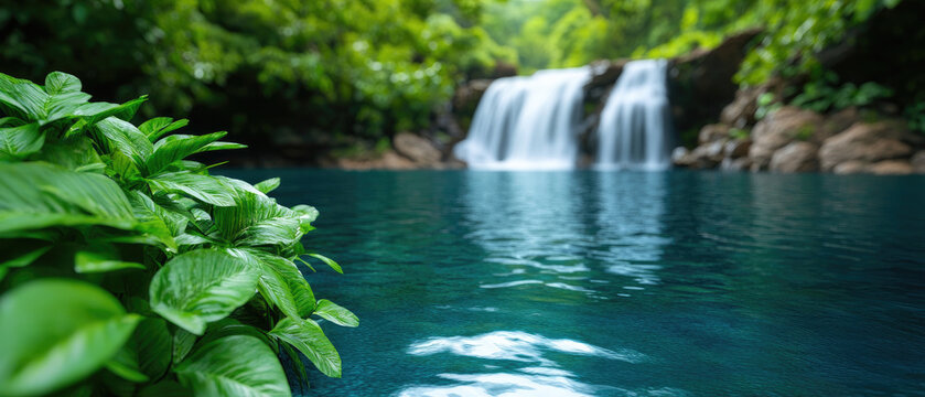 Serene Jungle Waterfall Animation, a seamless loop of a tranquil river cascading through lush greenery, evoking peace and harmony in nature.