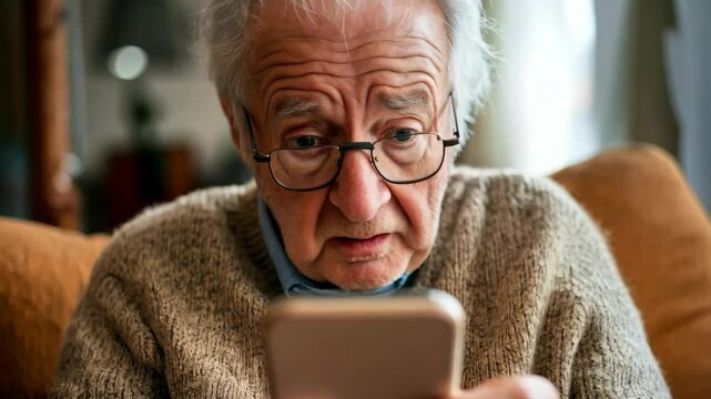 An older man is sitting on a couch and looking at his cell phone. He is surprised or confused by something he is seeing on the screen