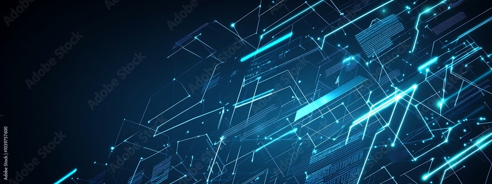 Poster abstract digital technology background with glowing lines and shapes.