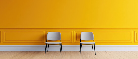 Modern waiting room, two elegant chairs, minimalist design, soft color palette, inviting atmosphere, ample space for text, ultra HD quality