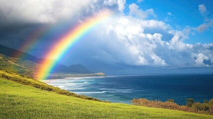 Vibrant rainbow arches over lush green coastline and ocean under partly cloudy sky