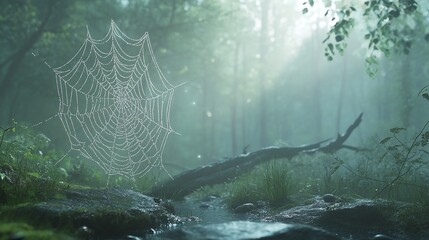 A spiderweb hangs glistening with dew in the morning mist of a forest, sunlight filtering through the trees.