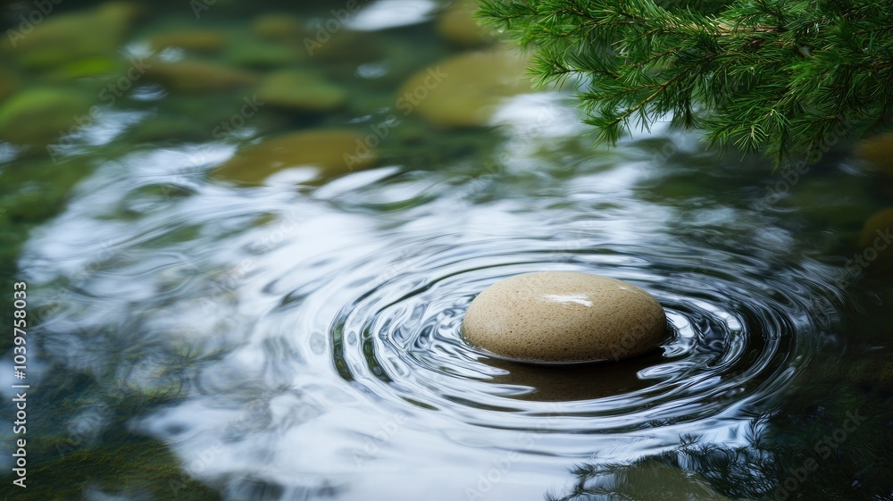 Poster smooth stone creating gentle ripples in tranquil pond next to greenery