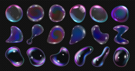 Abstract transparent soap water bubble, fluid, shiny liquid drop, glass circle and crystal shape with iridescent holographic light effect isolated on black background. 3d glossy foam water bubble icon