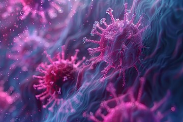 Fototapeta premium Influenza virus in blood with leukocytes and erythrocytes, showing viral infection at a cellular level