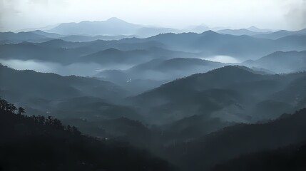 Fototapeta premium Misty Mountain Landscape Blue Hour Silhouette Mountains Nature Background Painting Art