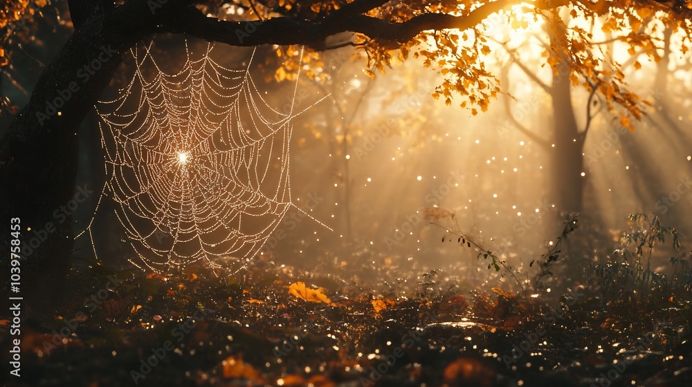 Poster sunbeams illuminate a spider web in a misty autumn forest.