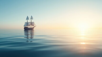 Obraz premium Sailing ship on calm ocean at sunset with clear sky and horizon view