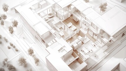 Aerial view of a modern architectural model showcasing space layout.