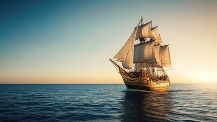 Obraz premium Historic wooden sailing ship on calm ocean at sunset
